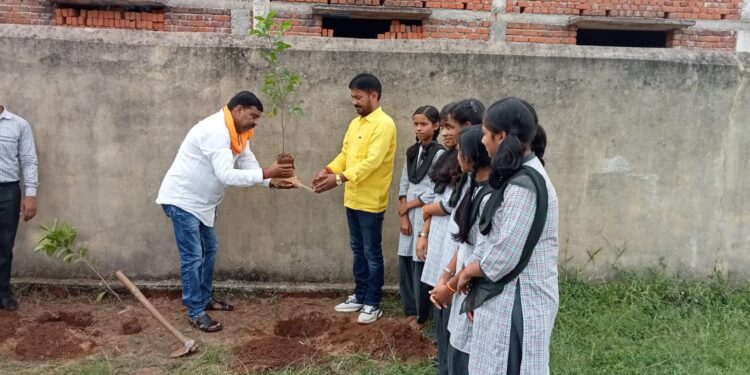 सरस्वती विद्या मंदिर परिसर में पौधरोपण करते बीजेपी नेता