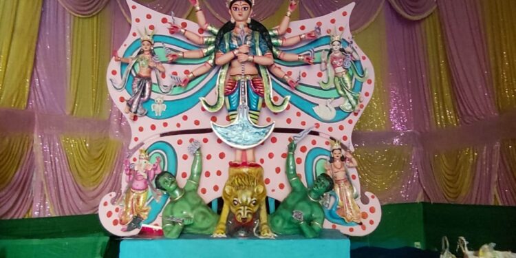 कैलाश नगर माल गोदाम रोड स्थित पूजा पंडाल में स्थापित मां दुर्गा की प्रतिमा