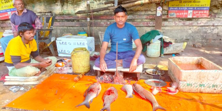 ग्राहक की आस में शहर का एक मछली विक्रेता